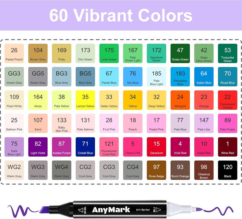 Anymark Alcohol Markers, 60 Colors Dual Tip Art Coloring Markers Set for Adult Book Drawing Sketching Painting, Chisel & Fine, Black Penholder - Image 5